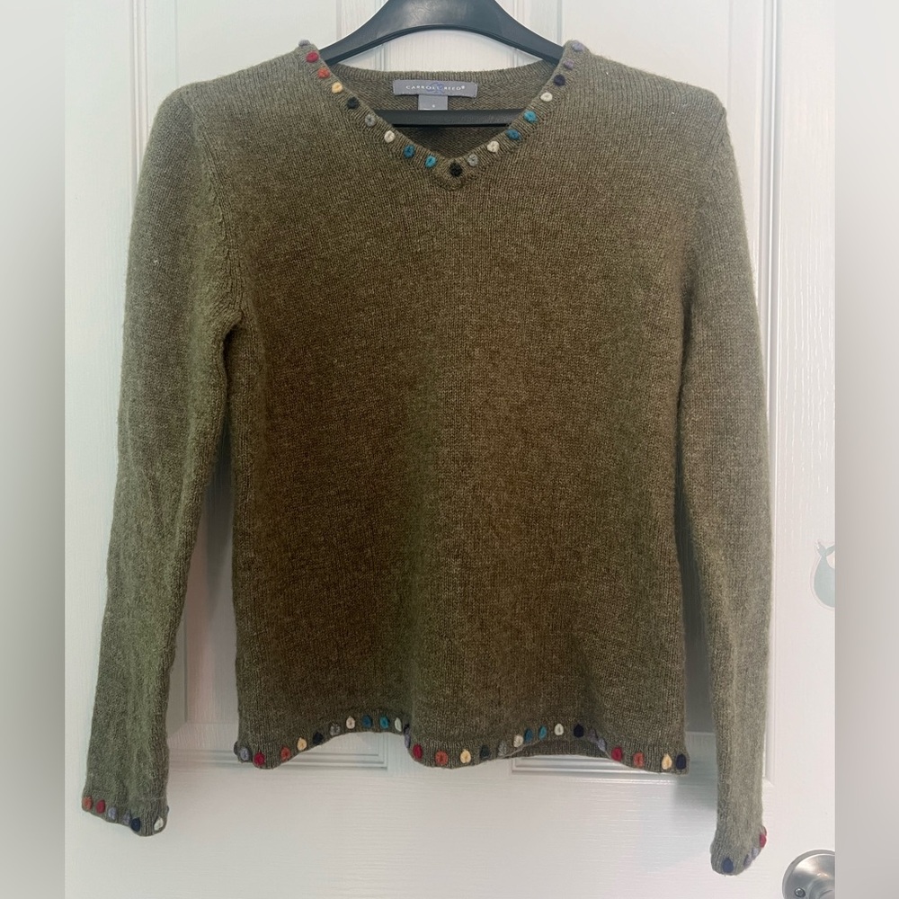 Carroll Reed Wool Olive Green V Neck Sweater Small